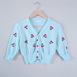 Red Blue Embroidered Cherry Pattern Cropped Cardigan Twee Coquette Dollette Sz M
